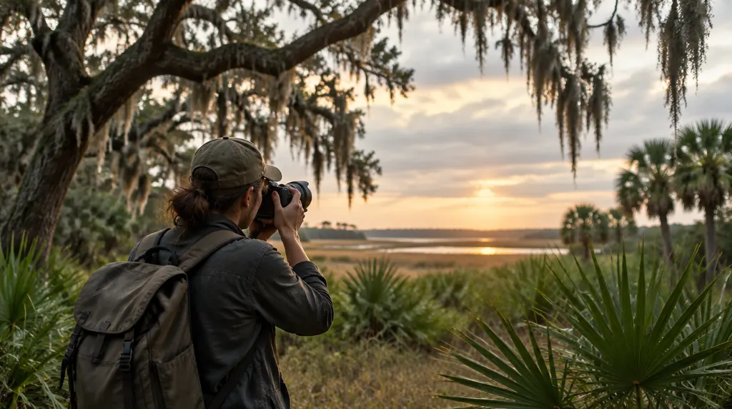 A photographer holding a camera at a golden-hour field in Hanahan, SC