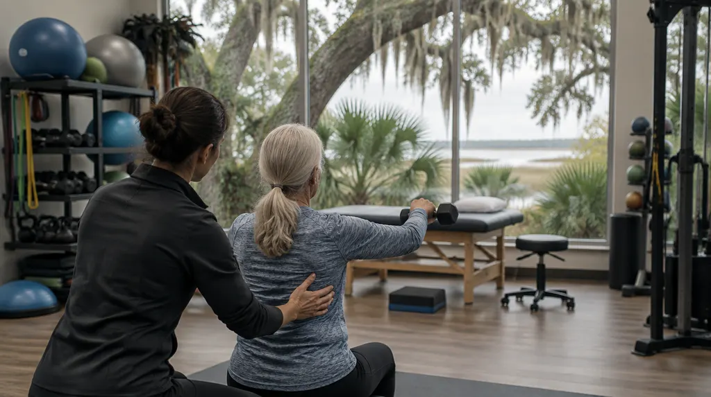A physical therapy gym with equipment in Hanahan, SC