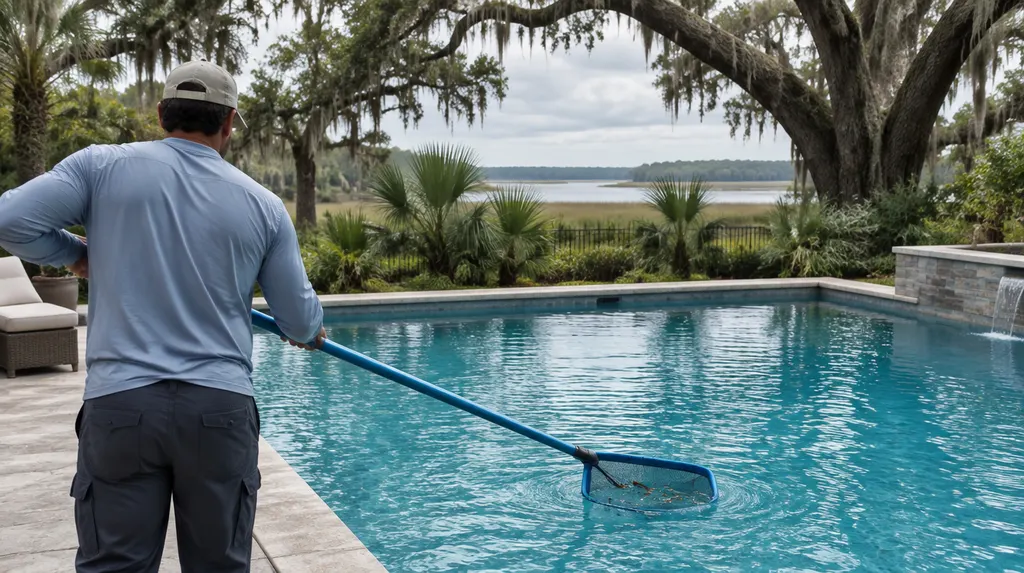 A pool technician skimming a sparkling backyard pool in Hanahan, SC
