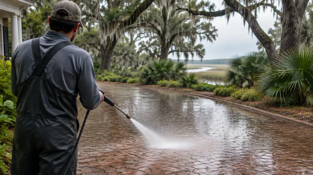 Pressure washing a brick driveway with sparkling spray in Hanahan, SC