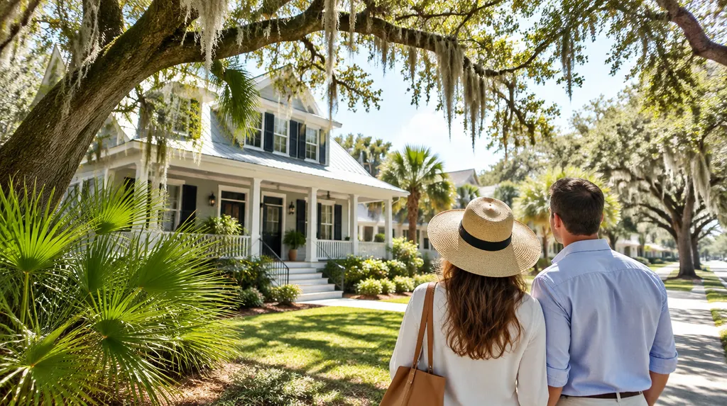 A for-sale home exterior on a sunny street with no sign text in Hanahan, SC