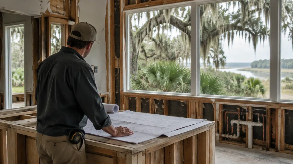 A contractor reviewing plans in a gutted kitchen in Hanahan, SC