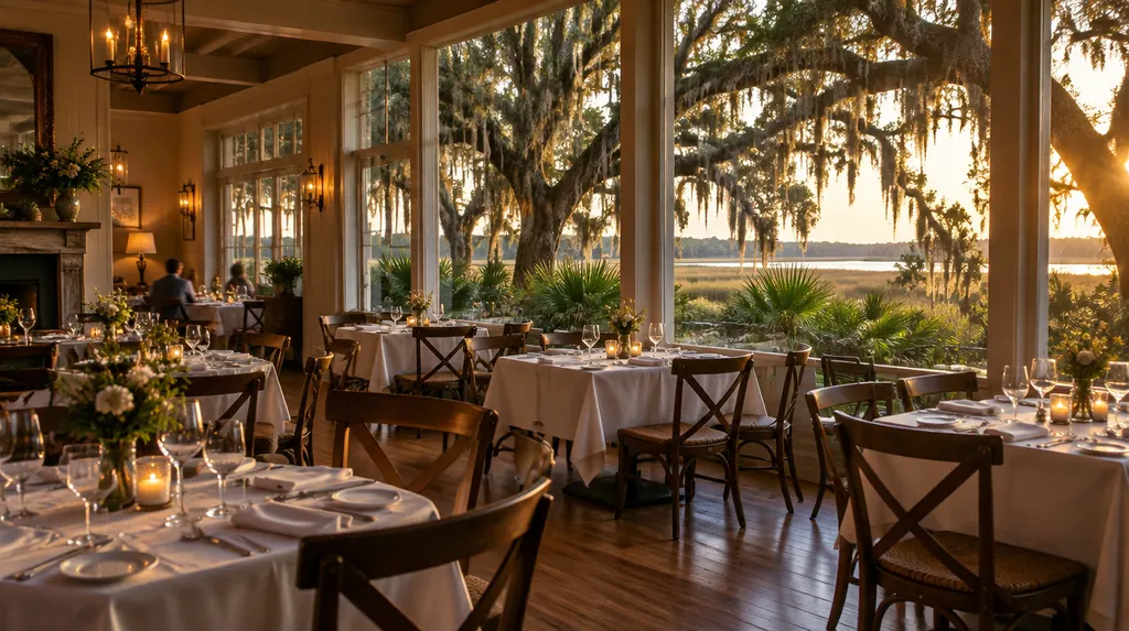 A cozy restaurant dining room with set tables in Hanahan, SC