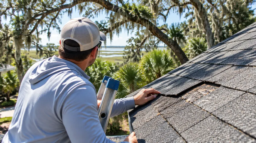 A roofer inspecting storm-damaged shingles from a ladder in Hanahan, SC