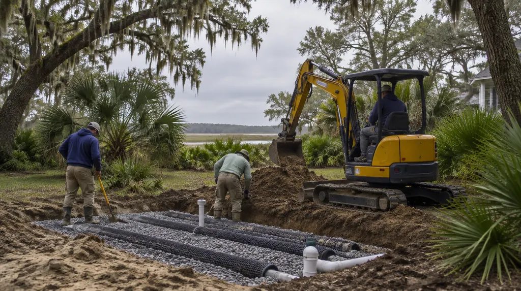 A crew repairing a drain field with a small excavator in Hanahan, SC