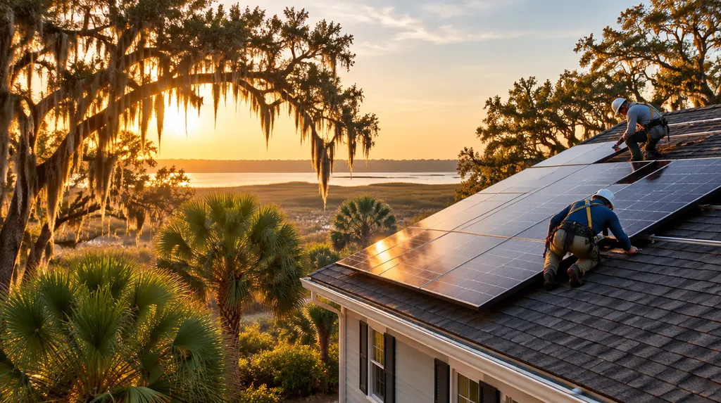 Installers mounting solar panels on a sunny roof in Hanahan, SC