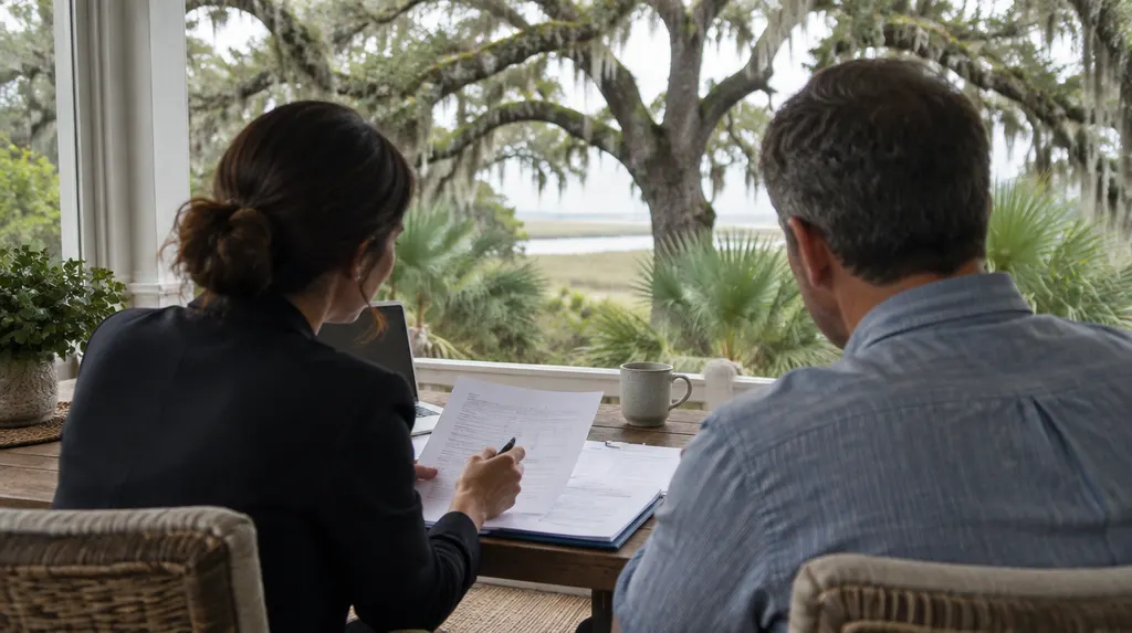 A tax preparer reviewing documents with a client in Hanahan, SC