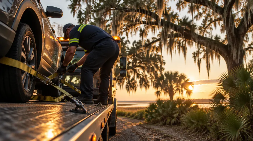 A tow truck driver securing a vehicle with straps in Hanahan, SC