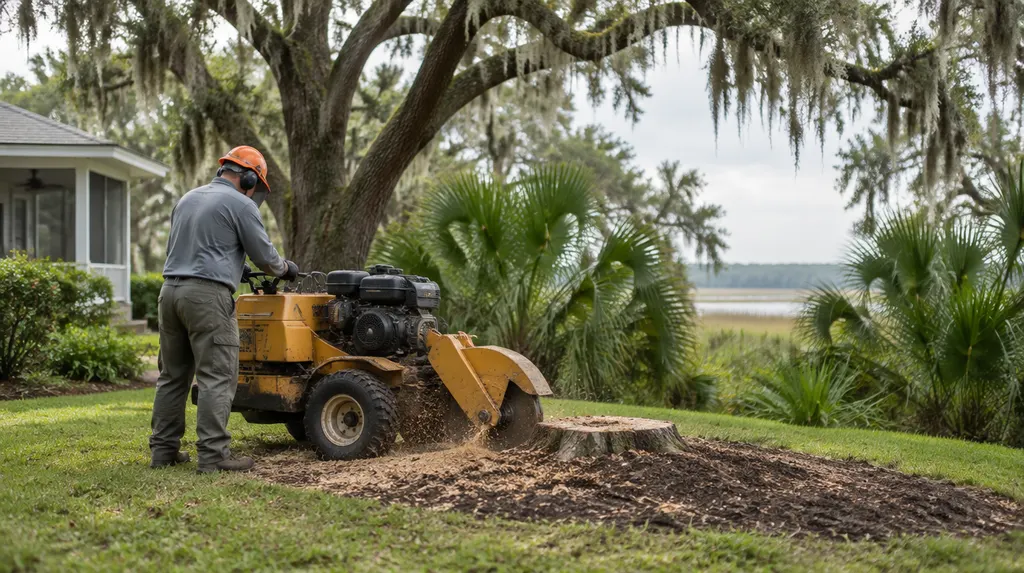 A stump grinder working in a sunny backyard in Hanahan, SC
