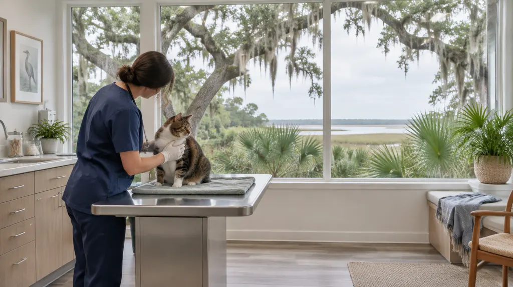 A vet checking a cat in a bright clinic in Hanahan, SC