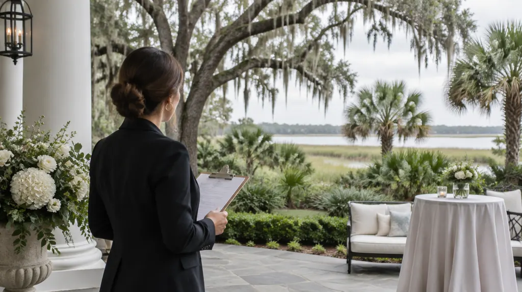 A planner holding a clipboard at an elegant venue in Hanahan, SC