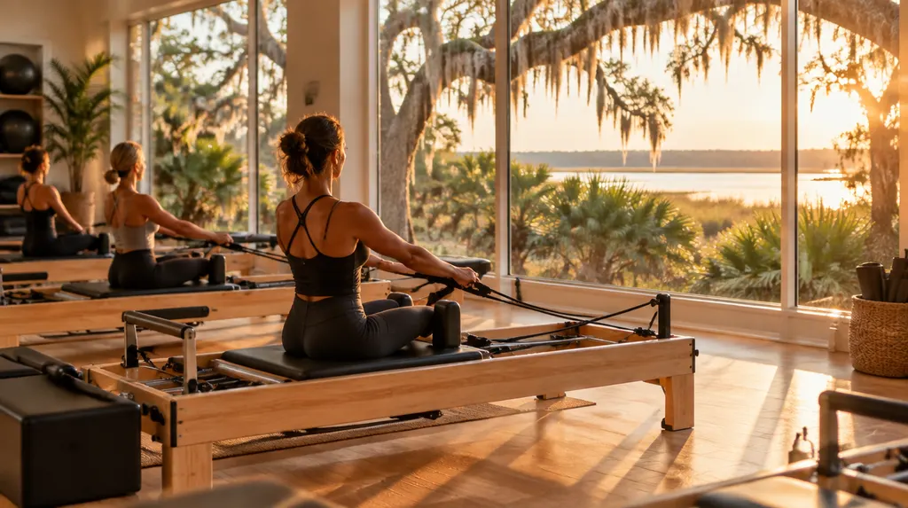 Pilates reformer machines in a bright studio in Hanahan, SC
