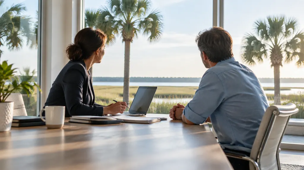A CPA meeting a small business owner in a bright office in Hilton Head Island, SC