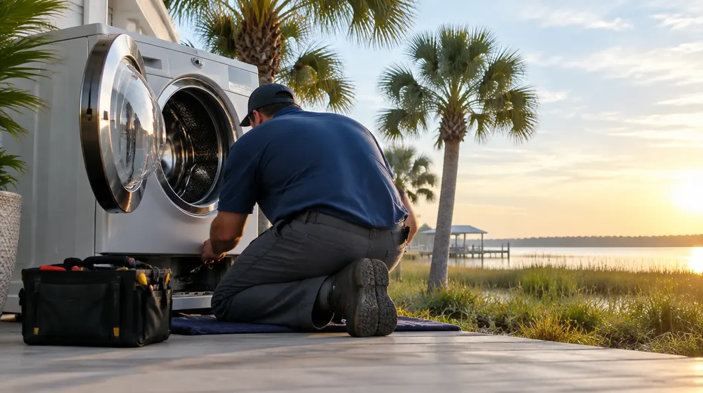 A technician fixing a front-load washer in Hilton Head Island, SC