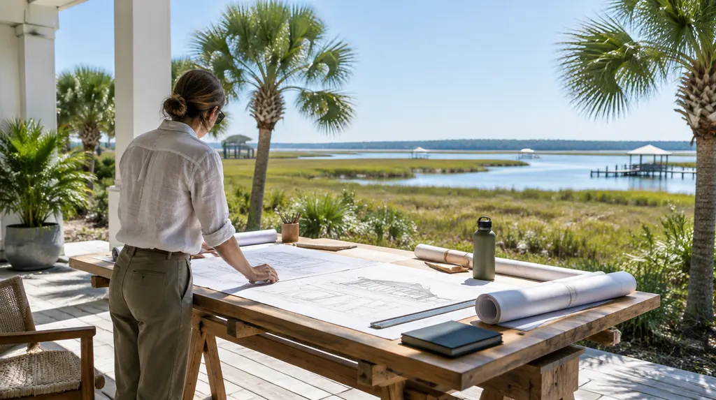 An architect reviewing blueprints at a drafting table in Hilton Head Island, SC