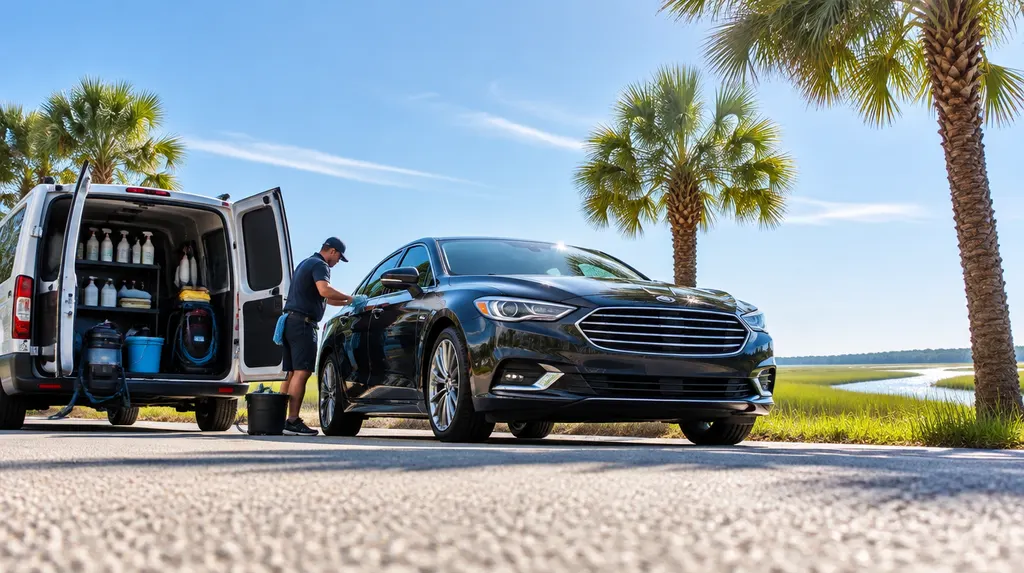 A mobile detailing van parked beside a gleaming sedan in Hilton Head Island, SC