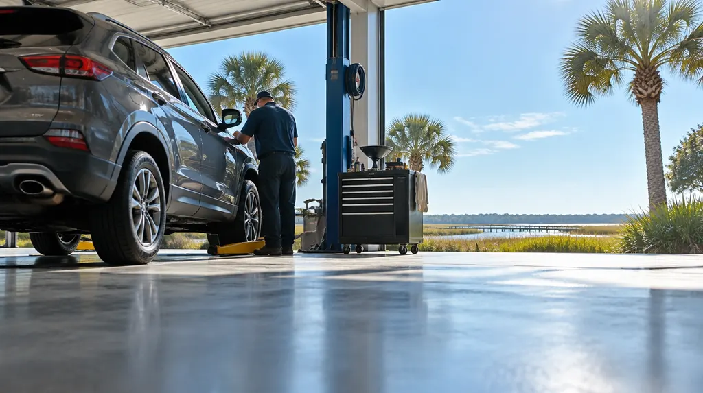 A clean auto shop service bay with a car inside in Hilton Head Island, SC