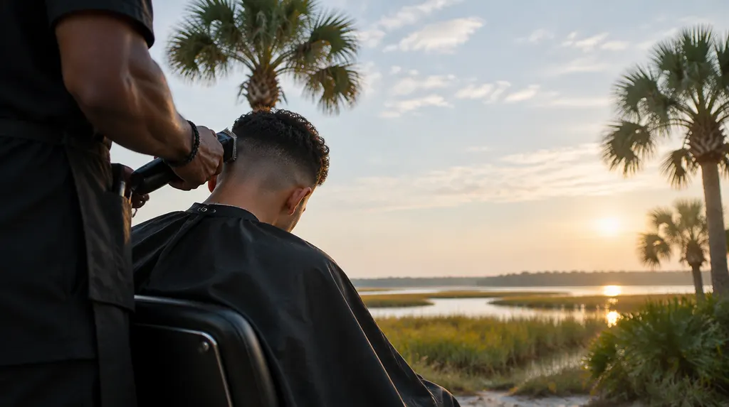 A barber trimming a fade with clippers in Hilton Head Island, SC