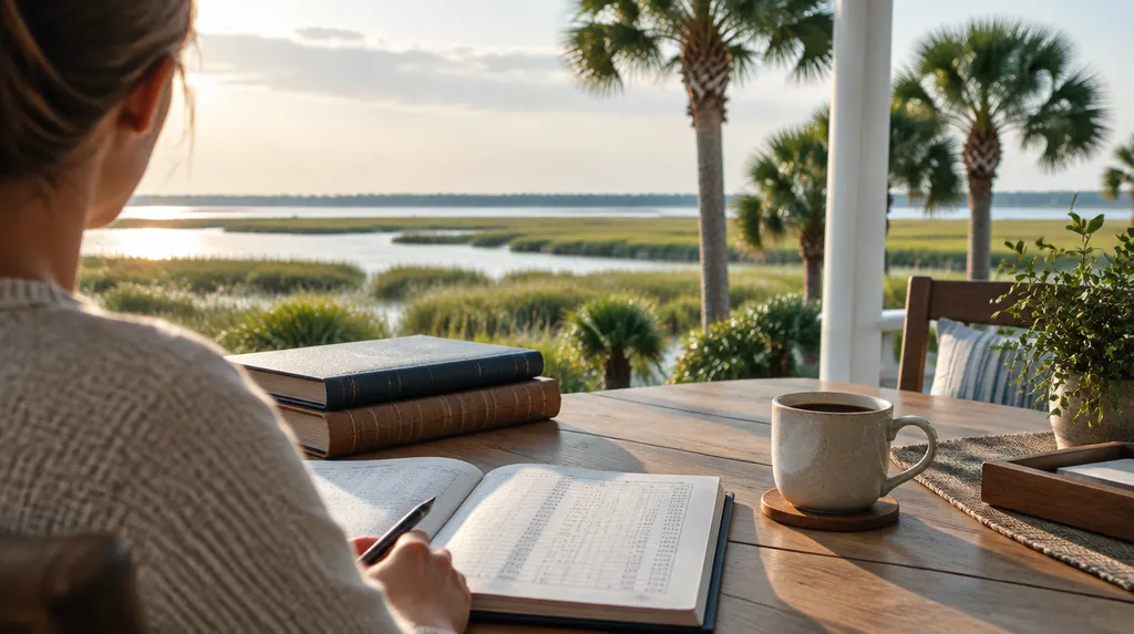 A neat desk with ledgers and a coffee cup in Hilton Head Island, SC