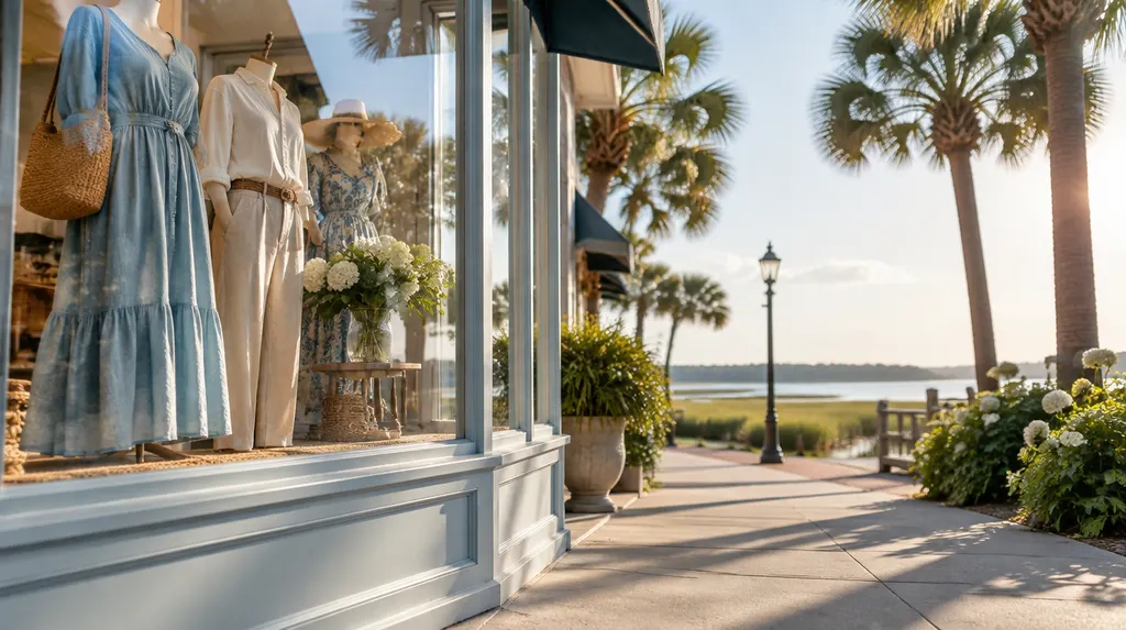 A boutique window display on a sunny street in Hilton Head Island, SC