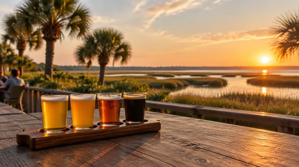 A flight of beers on a wooden board in Hilton Head Island, SC