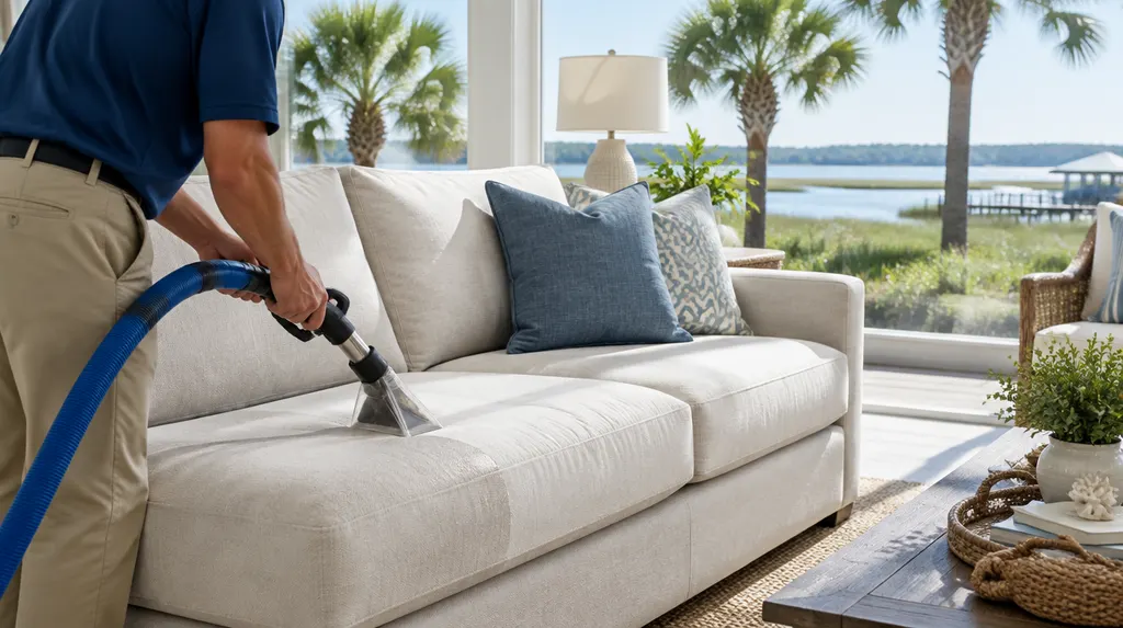 Upholstery cleaning on a living room sofa in Hilton Head Island, SC