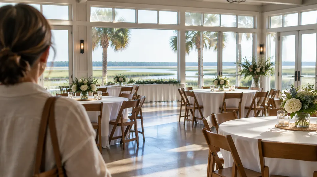 A bright community fellowship hall set for an event in Hilton Head Island, SC
