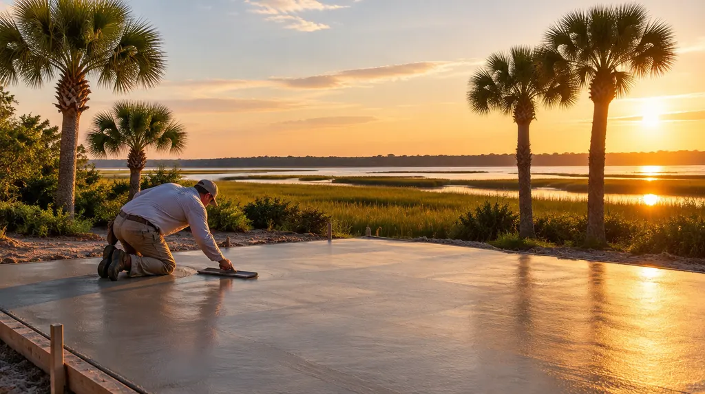 A finisher troweling a fresh patio slab in Hilton Head Island, SC