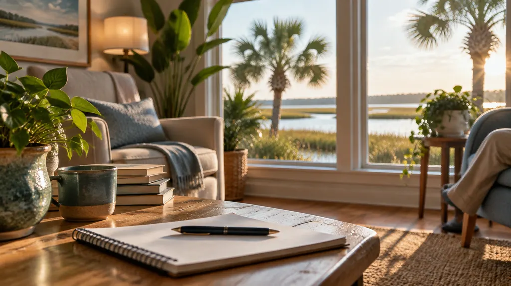 A therapist’s office with plants and a notepad in Hilton Head Island, SC