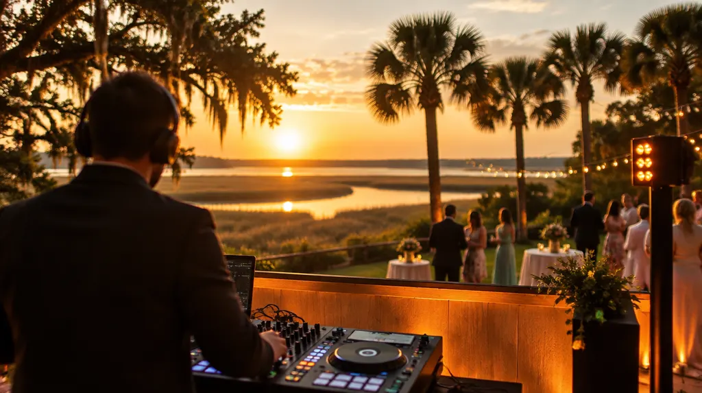 A DJ booth with lights at a wedding reception in Hilton Head Island, SC