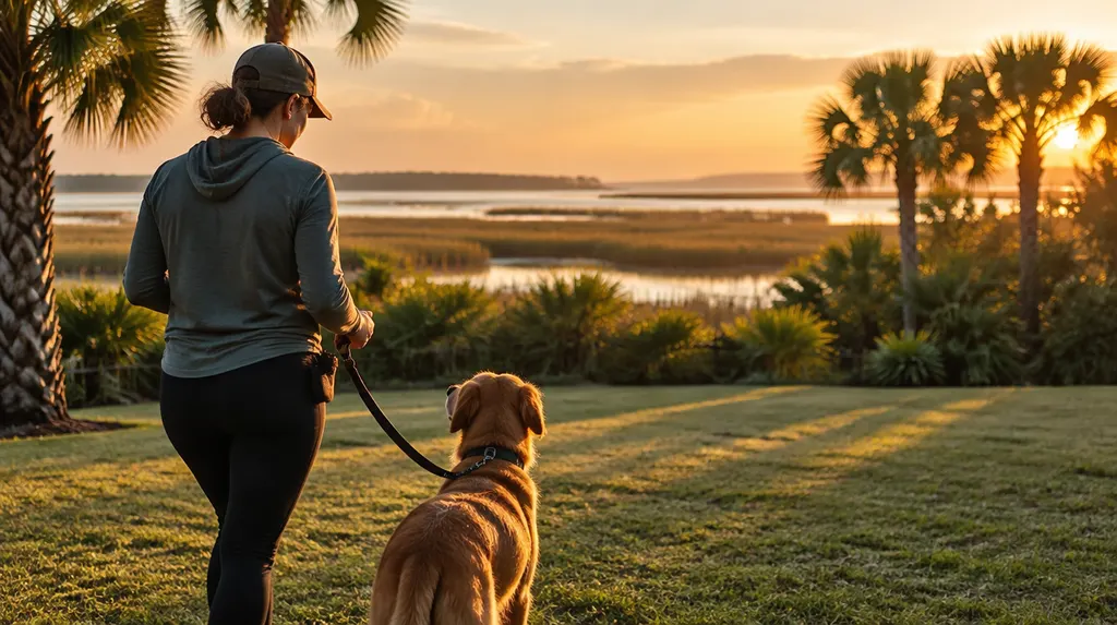 A trainer working with a dog on a leash in a yard in Hilton Head Island, SC