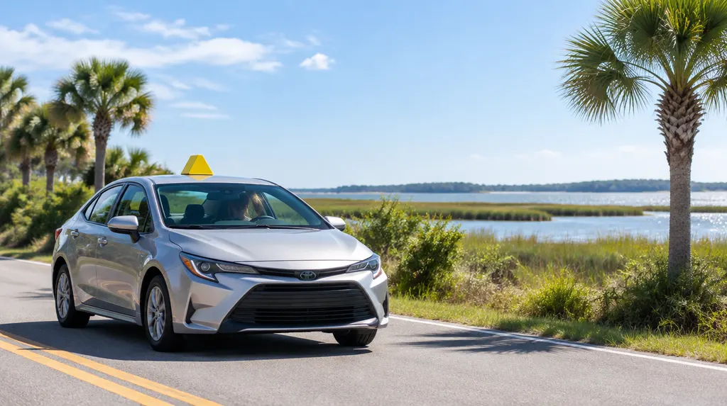 A student driver car on a quiet road in Hilton Head Island, SC