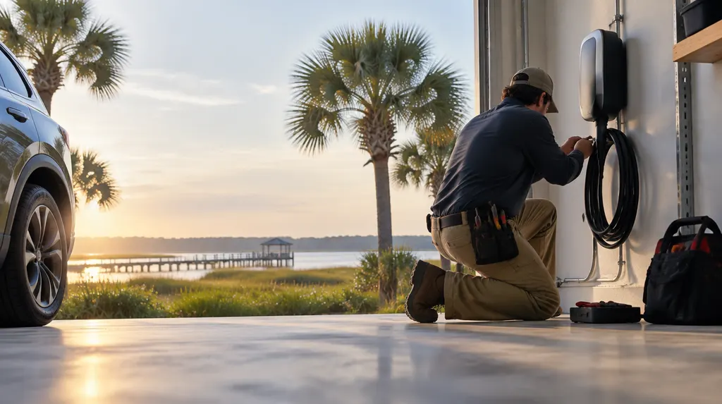 An electrician installing an EV charger in a garage in Hilton Head Island, SC