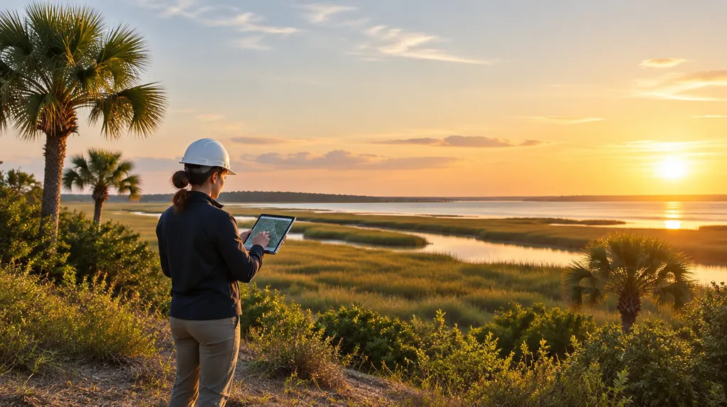 An engineer reviewing site plans on a tablet in Hilton Head Island, SC
