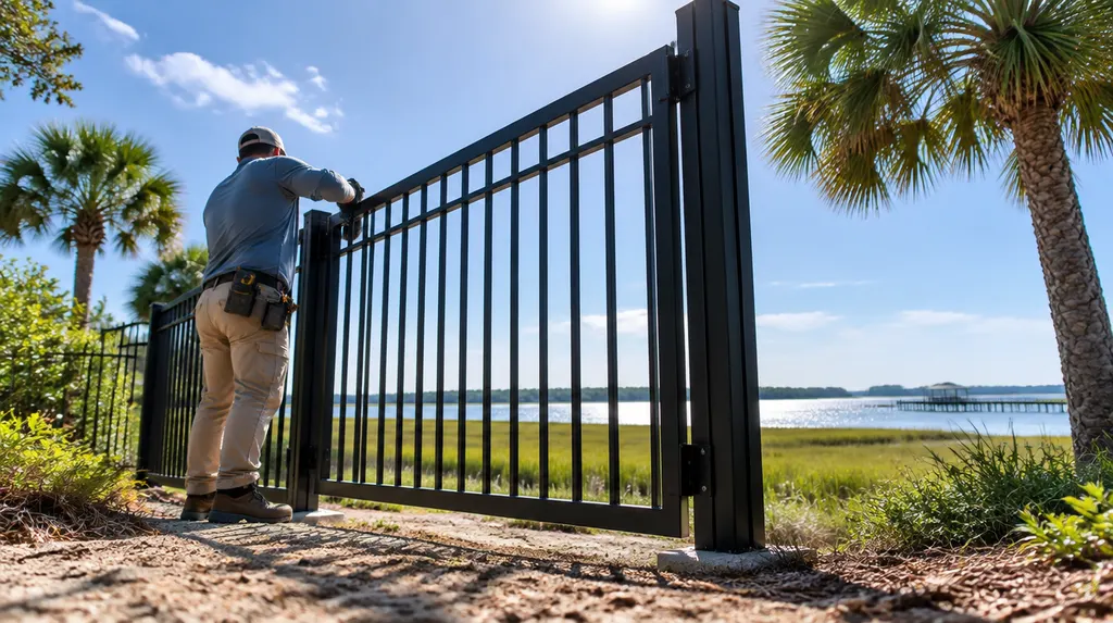 An installer hanging a black aluminum gate in Hilton Head Island, SC
