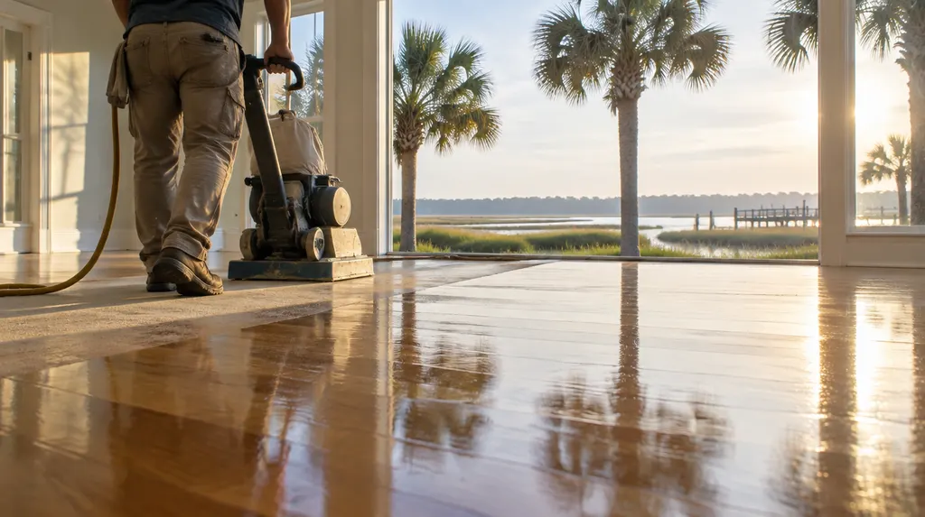 A craftsman refinishing a hardwood floor in Hilton Head Island, SC