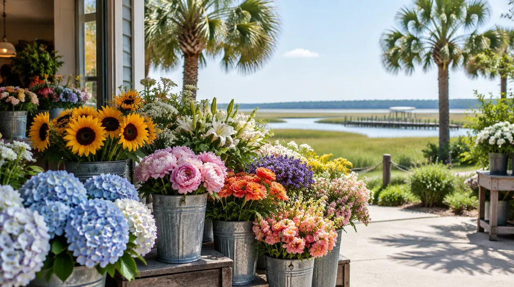 Buckets of fresh flowers in a shop in Hilton Head Island, SC