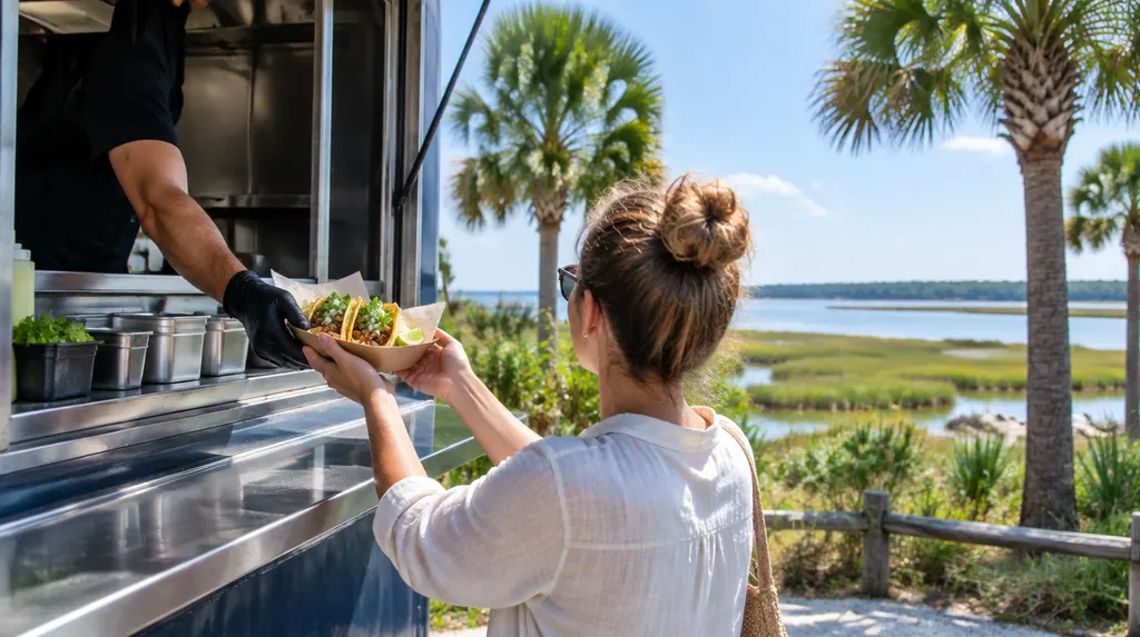 A food truck window with tacos being handed out in Hilton Head Island, SC