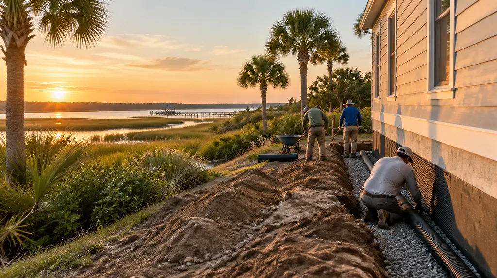 A crew installing drainage along a house foundation in Hilton Head Island, SC