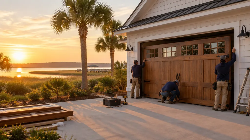 A crew installing a new carriage-style garage door in Hilton Head Island, SC