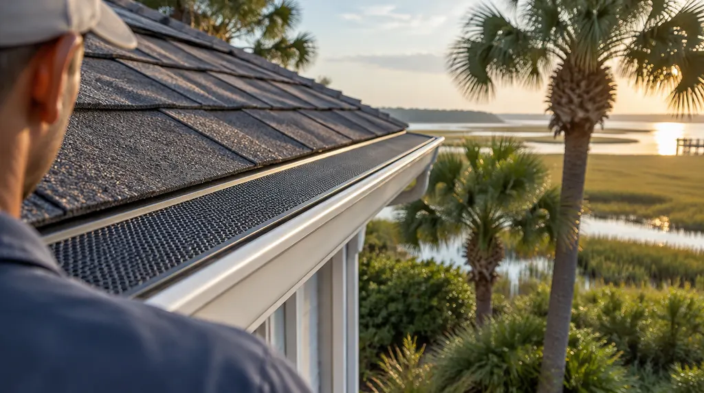 Close-up of new gutter guards on a roofline in Hilton Head Island, SC