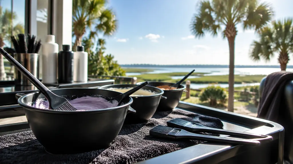 Hair color bowls and brushes on a salon station in Hilton Head Island, SC