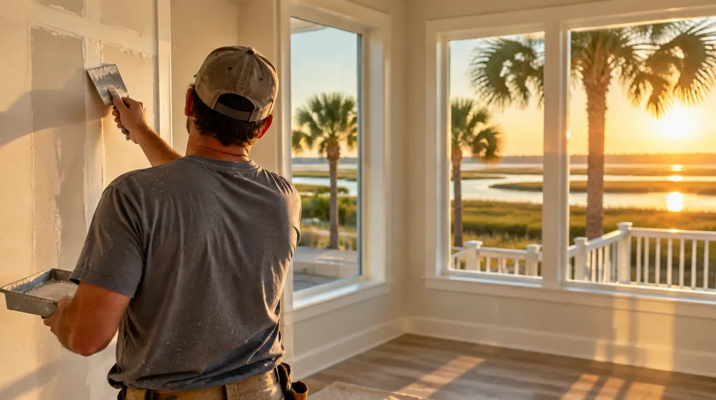 A handyman patching drywall in a bright room in Hilton Head Island, SC