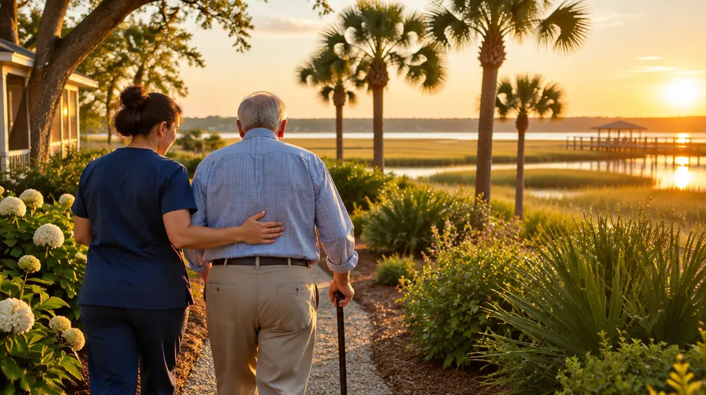 A caregiver helping an older man walk in a sunny garden in Hilton Head Island, SC