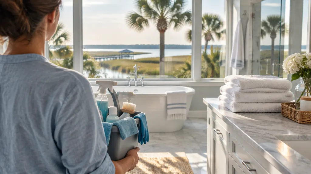 A cleaning caddy and fresh towels in a spotless bathroom in Hilton Head Island, SC