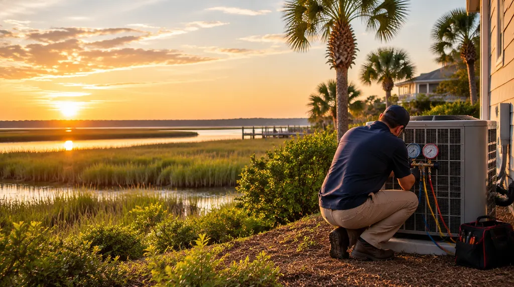 A technician checking a heat pump with gauges in Hilton Head Island, SC