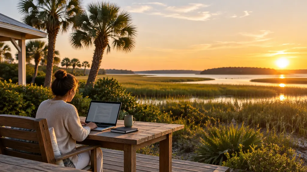 An agent reviewing a policy on a laptop in Hilton Head Island, SC