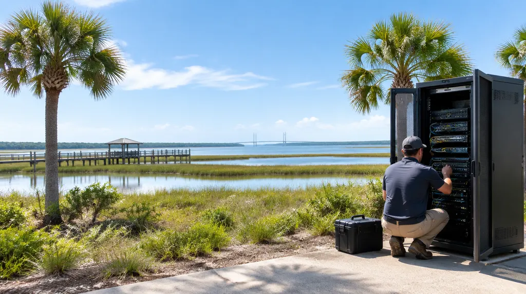 An IT technician working on a server rack in Hilton Head Island, SC
