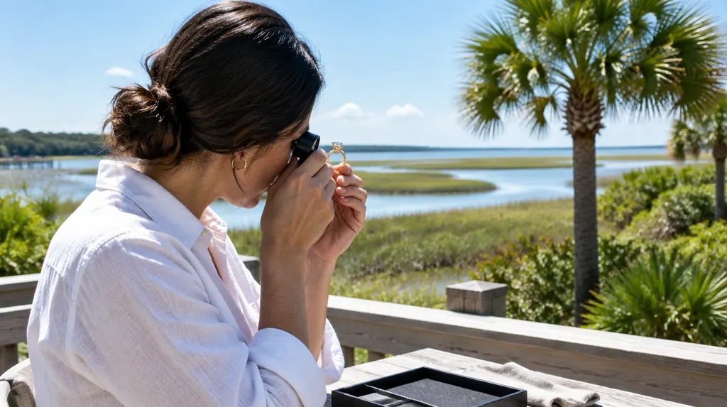 A jeweler examining a ring with a loupe in Hilton Head Island, SC