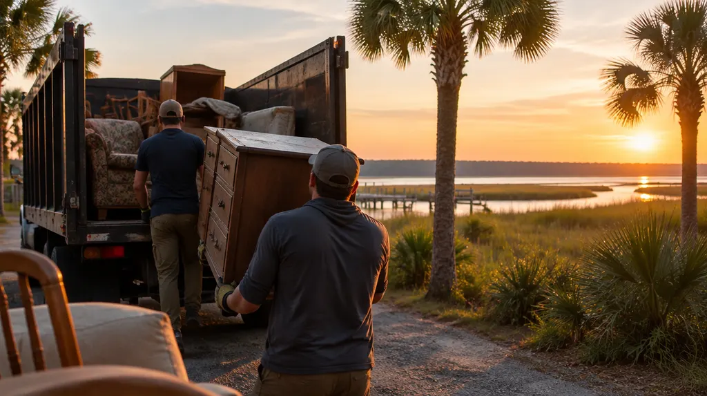 A crew loading old furniture into a junk removal truck in Hilton Head Island, SC